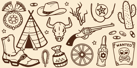 Wild west themed illustrations including cowboy hat revolver and bull skull © Kanika