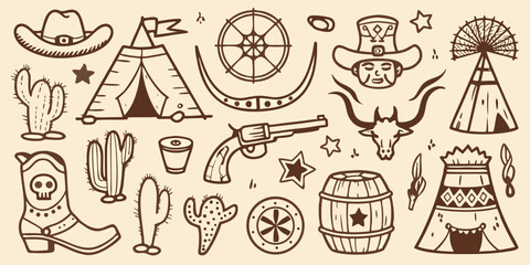Wild West Elements Cowboy Hat Revolver And Bull Skull Vector Illustration © Kanika