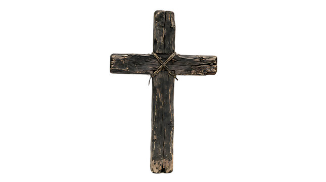 Rustic wooden cross with binding isolated on transparent background religious symbolism and spiritual decor