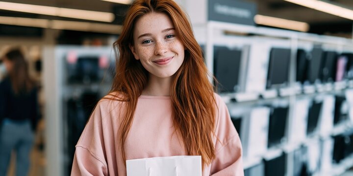 Smiling redhead female student holding a notebook in a computer lab portrait for education banner and back to school design