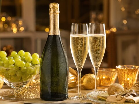 Spanischer Sekt mit gr&uuml;nen Weintrauben auf festlich gedecktem Silvestertisch. Elegante Komposition mit traditioneller Neujahrsdekoration f&uuml;r einen stilvollen Jahreswechsel in Spanien.
