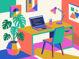 Fototapeta premium Vibrant Flat Illustration of a Modern Home Office Workspace with Coding Laptop.