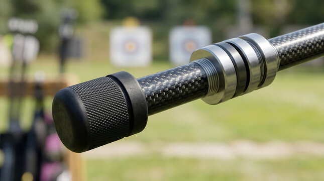 Close-up of a carbon fiber archery bow stabilizer with metal counterweights on a blurry outdoor field background during practice
