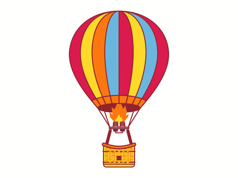 Colorful hot air balloon illustration with flames and wicker basket.