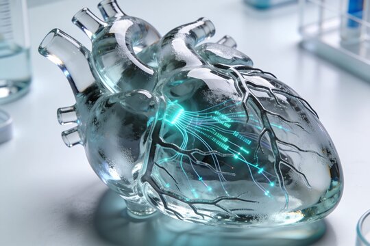 Minimalistisches menschliches Herz aus klarem Glas mit Datenlinien