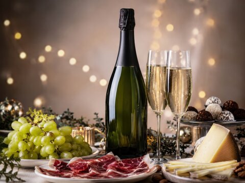 Spanischer Sekt mit Jam&oacute;n Serrano, Manchego und gr&uuml;nen Weintrauben auf elegant gedecktem Silvestertisch. Stilvolle Kombination aus Genuss, Festlichkeit und tradition.