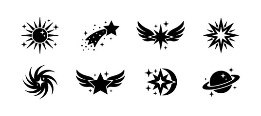 Celestial body silhouettes including stars sun moon planets and shooting stars with wings and swirl motifs for astrological designs astronomy posters and magical space themed graphic resources. © Fountain
