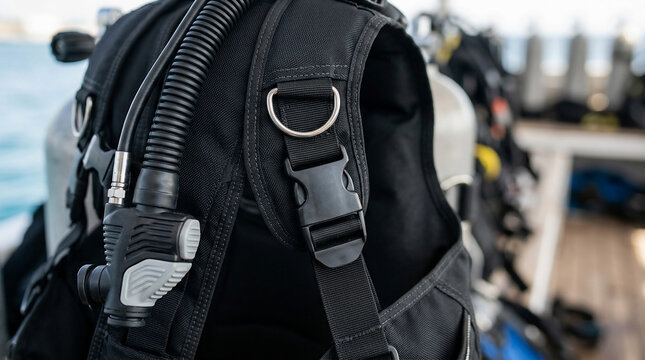 Professional scuba diving gear set up on boat deck for underwater exploration