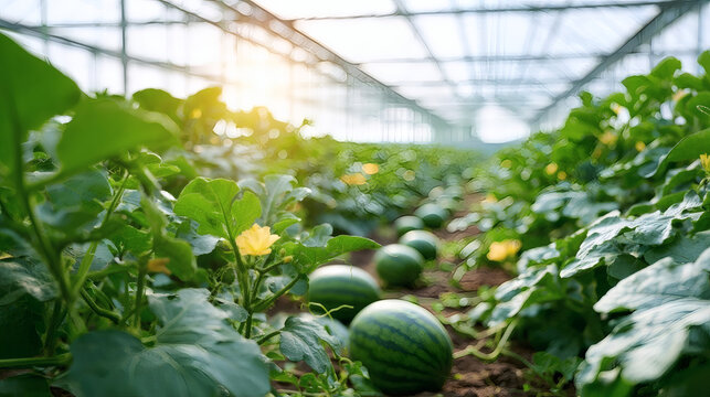 Fresh watermelons growing in a modern greenhouse, surrounded by green leaves and yellow flowers on a sunny day. Concept of agriculture, organic farming and healthy food.