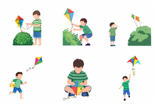 Set of vector illustrations featuring a young boy playing with a colorful kite, from getting it stuck in a bush to successfully flying it outdoors.