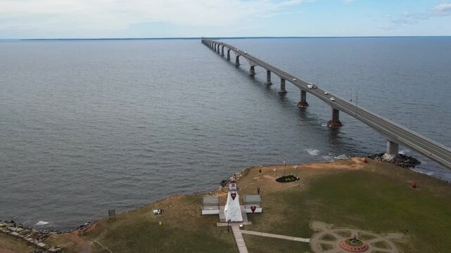 Aerial drone footage of Confederation Bridge the longest highway infrastructure connection in Canada
