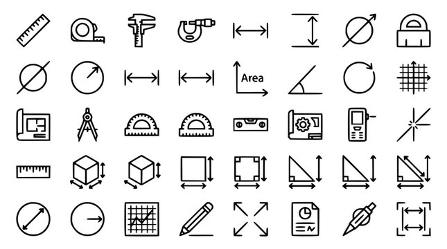 Measurement Outline Icon Collection with Engineering Dimension Geometry and Precision Tools