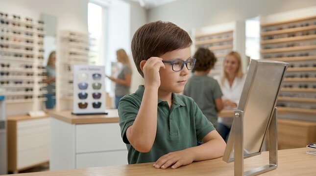 Boy trying on glasses at optometrist office