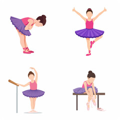 Cute little ballerina girl in various dance poses and ballet class activities flat vector illustration © Arne