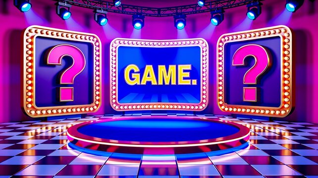 Television game show stage with question mark screens and quiz competition entertainment concept