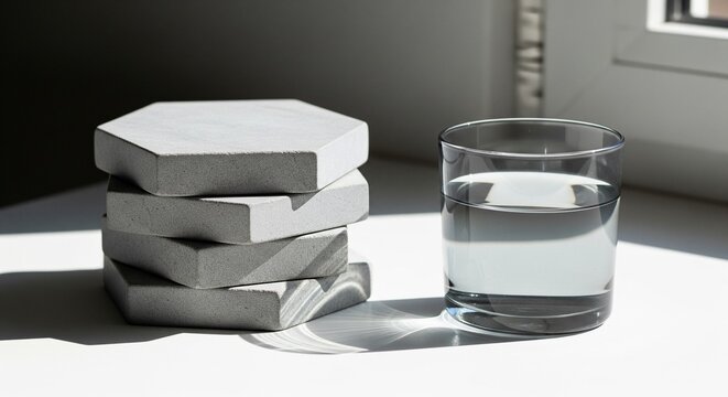 A clear glass of water sitting on a stack of light grey, hexagonal-shaped coasters near a sunny window