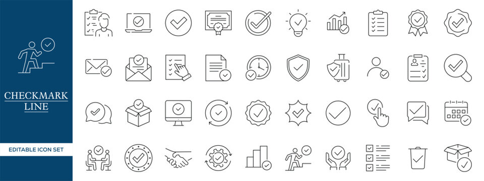 Checkmark Outline Icons with Verification, Completed Task, Approved Document, Quality Assurance and Editable Vector Set