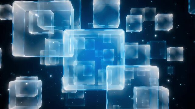 Floating translucent glass cubes moving through deep blue space in this high quality motion animation clip
