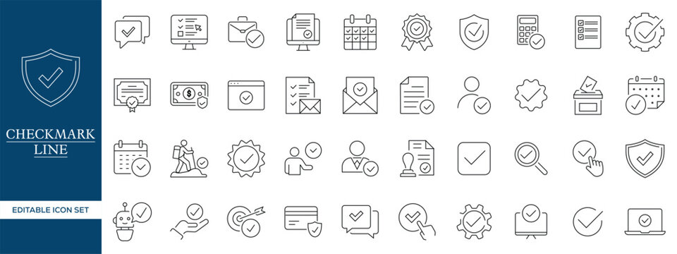 Checkmark Outline Icons with Verification, Completed Task, Approved Document, Quality Assurance and Editable Vector Set