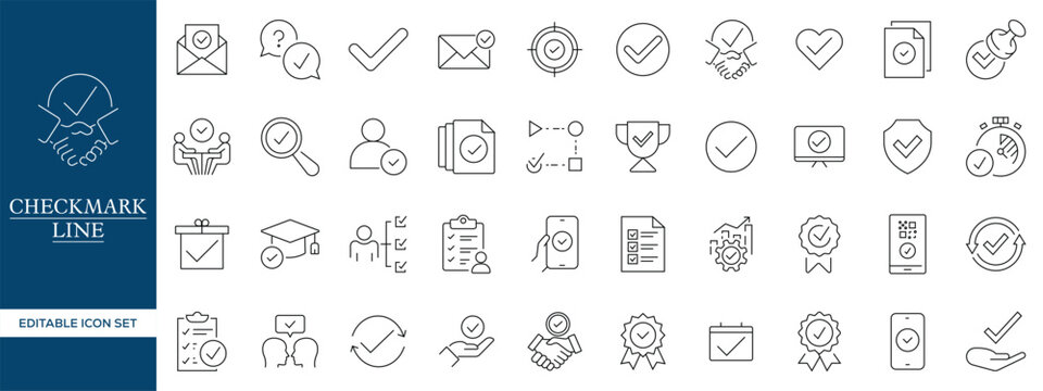 Checkmark Outline Icons with Verification, Completed Task, Approved Document, Quality Assurance and Editable Vector Set