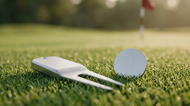 A golf ball marker and divot repair tool rest gracefully on the sun-drenched, manicured green, ready for the next precise shot towards the distant red flag, embodying the spirit of the game