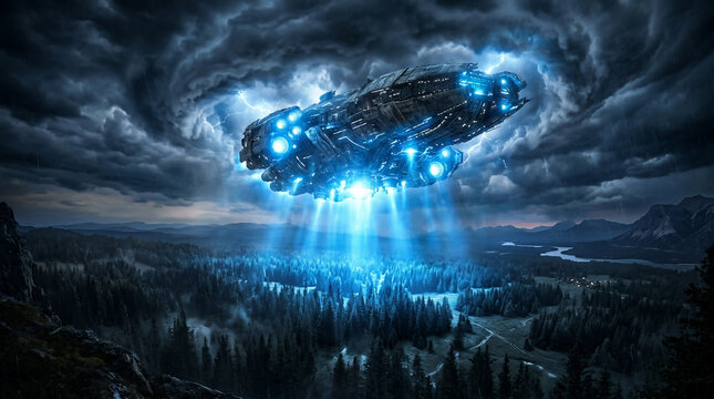 Mysterious alien spacecraft descends through a dramatic stormy sky, casting an eerie blue light over a vast, dark forest, signaling an unknown encounter