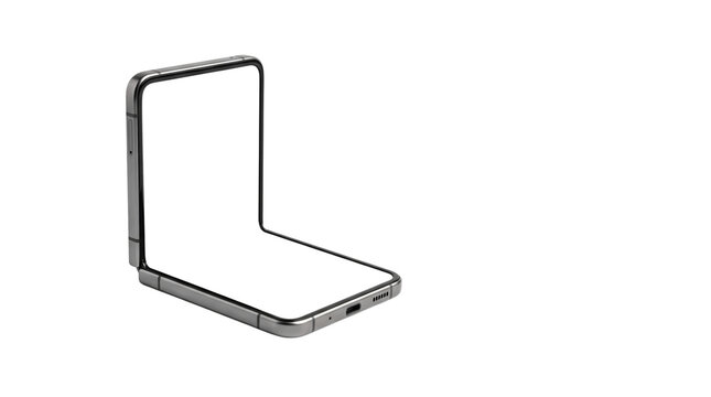 Foldable smartphone mockup with blank white screen, modern flip phone on white background, flexible display mobile device for app design presentation