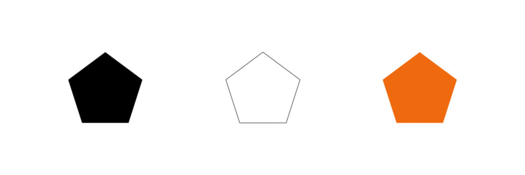 Three simple geometric pentagon shapes in different colors isolated on transparent background, Vector