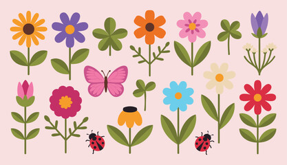 Collection of colorful spring flowers butterfly and ladybug icons with colorful butterfly illustration botanical decoration blooming decorative © Chayan