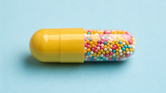Colorful sprinkled capsule pill on turquoise background. Vibrant coated medicine tablet with multicolored candy dots. Pharmaceutical or wellness su...