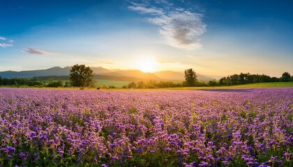 Fototapeta premium Beautiful Panorama Rural Landscape With Sunrise And Blossoming Meadow Purple Flowers Flowering On Spring Field Phacelia