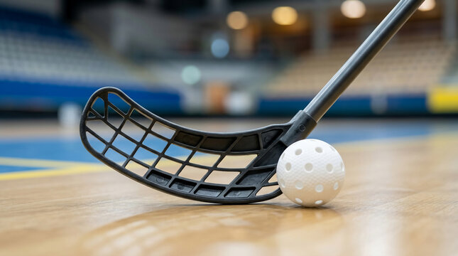 Professional floorball stick and white perforated plastic ball placed on the indoor wooden court surface of a large sports arena