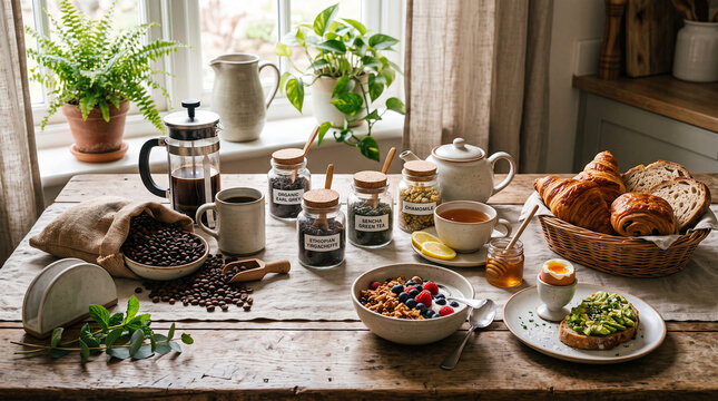 Breakfast items and coffee beans on a wooden table in a cozy kitchen interior with a bulk wholesale grocery lifestyle display