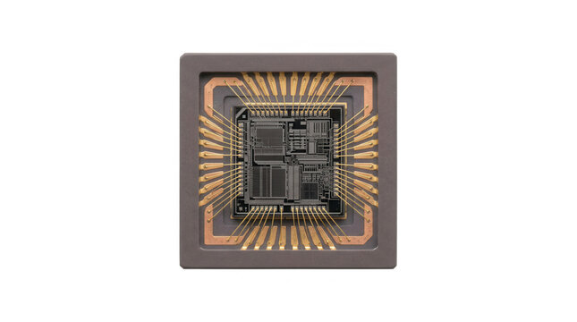 Detailed high resolution microchip featuring complex circuitry design set against a clear transparent background