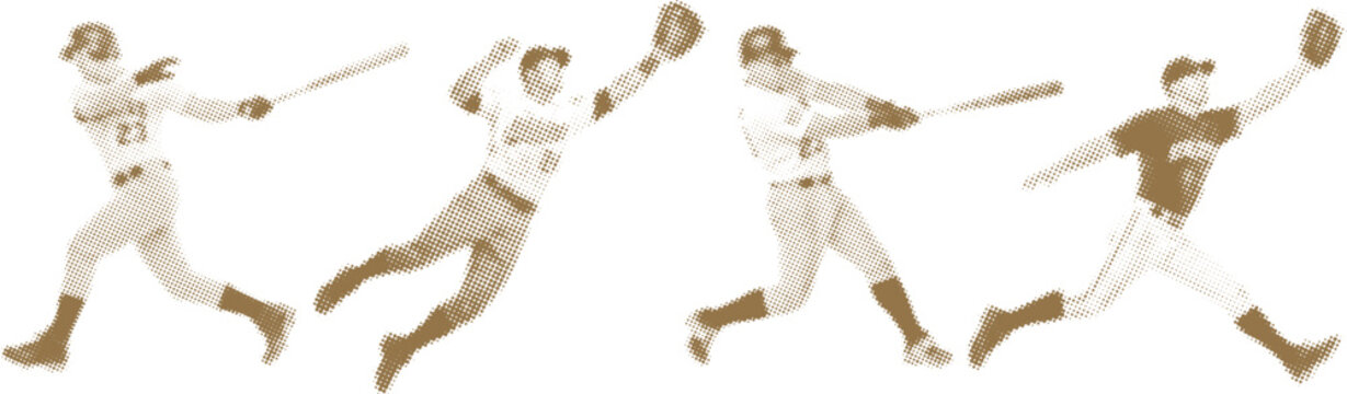 Baseball player action collection with batters swinging bat and fielders catching ball in brown halftone dot pattern style, male athletes dynamic sports motion vector illustration