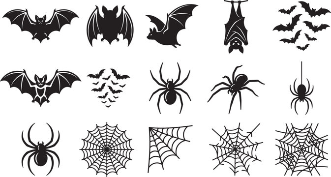Bat and spider silhouette set spooky halloween wildlife icons hanging vampire bat arachnid and cobweb elements collection vector illustration