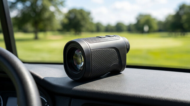 Modern black car dashcam mounted on a vehicle dashboard recording a scenic outdoor drive