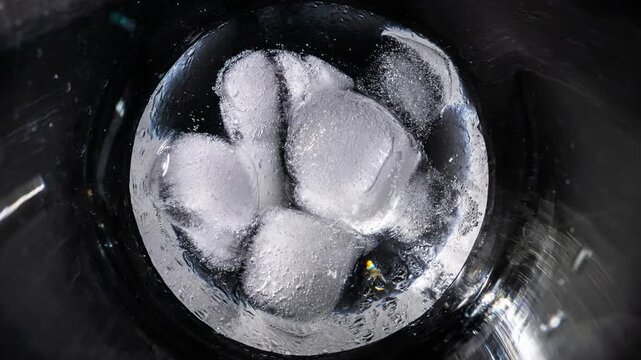 Several frozen ice cubes rapidly melt inside a dark drinking glass through an accelerated time-lapse view. Concept of global warming, beverage cooling, and the inevitable passage of time.