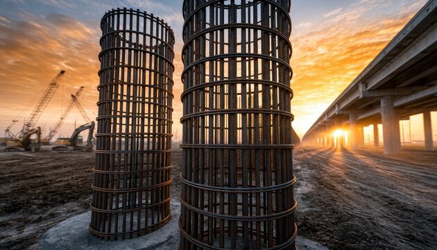 Steel rebar cages for bridge construction at sunset. This image represents industrial development and infrastructure.