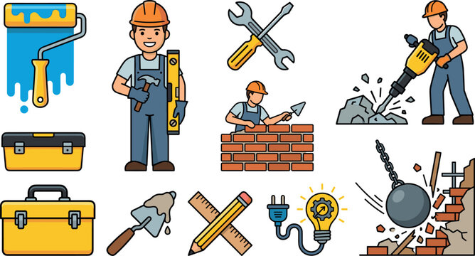 Cartoon builder and handyman character collection with diverse home improvement and repair tools icons