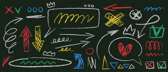 Naklejka premium Hand Drawn Colorful Chalk Arrows and Doodles on Blackboard Vector