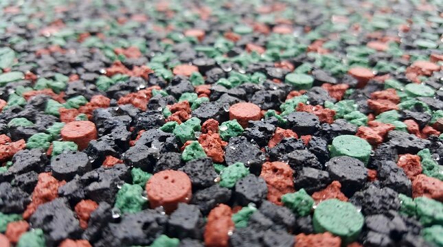 Colorful Granules Abstract Background: A close-up, macro view of irregularly shaped and colored particles, primarily black, green, and reddish-brown.