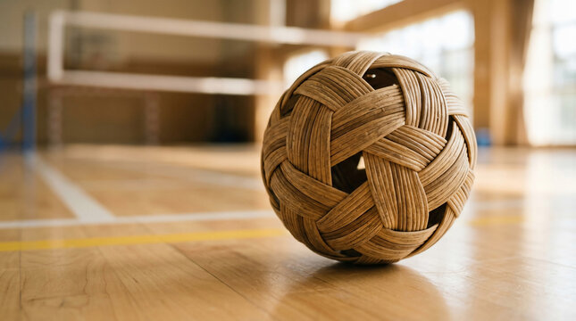 Traditional Woven Rattan Ball for Sepak Takraw Sport on Indoor Wooden Gym Court