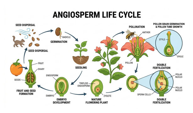Angiosperm flowering plant life cycle diagram with double fertilization vector
