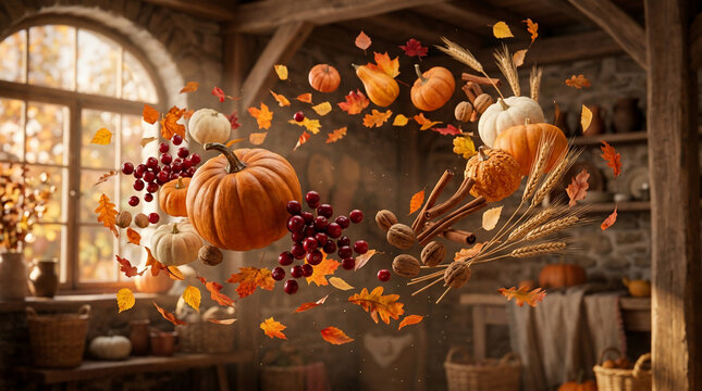 Floating autumn harvest pumpkins and falling leaves inside a rustic barn with golden sunlight and seasonal decorations