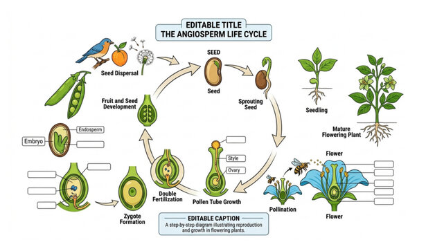 Premium angiosperm plant life cycle infographic vector with editable titles