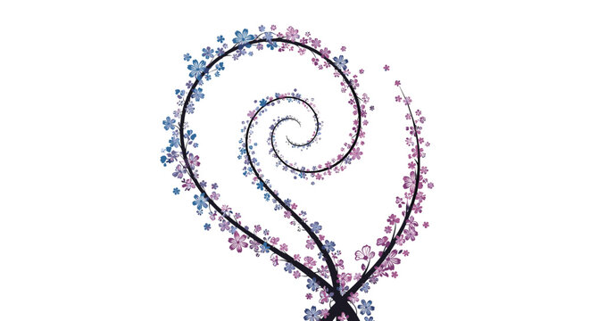 Enchanting spiral tree design featuring thin black branches covered in delicate blue and purple floral blooms for a fantasy art concept.