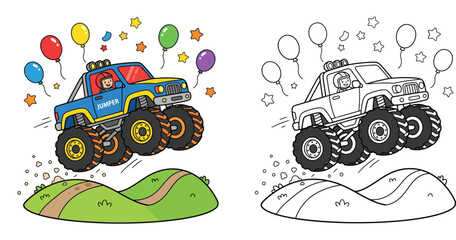 Kids Coloring Page with Cute Monster Truck Cartoon Illustration for Children Activity Book © Mahmudul