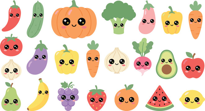 Cute Kawaii Fruits and Vegetables Big Set with Happy Faces, Chili Pumpkin Broccoli Eggplant Pepper Carrot Tomato Onion Radish Avocado Vector