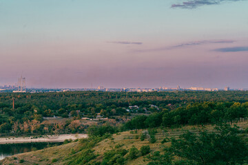 Fototapeta premium Panoramic view of a green forest canopy stretching towards a distant city skyline at dusk
